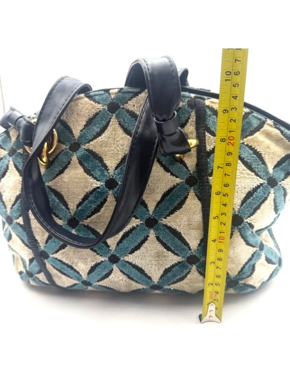 Vintage Tapestry Shoulder Bag Blue Black Geometric Velvet Purse Red Lining